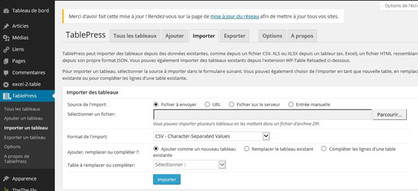 Importer un tableau xls csv sous wordpress