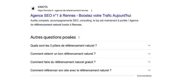 Aperçu de la SERP de Google sur le mot-clé référencement naturelles rennes